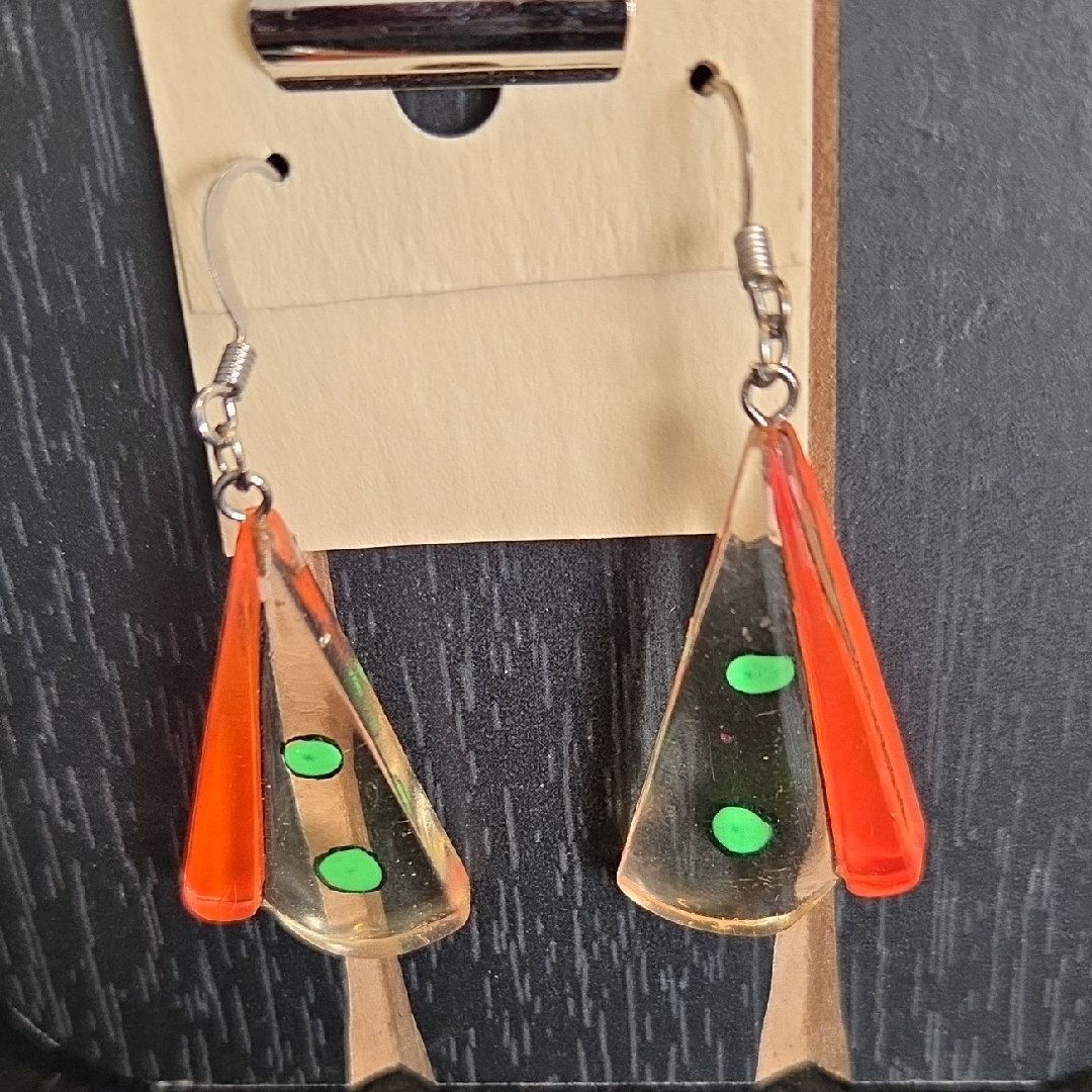 Retro Clear And Orange Lucite Dangle Earrings With Green Dot Accents